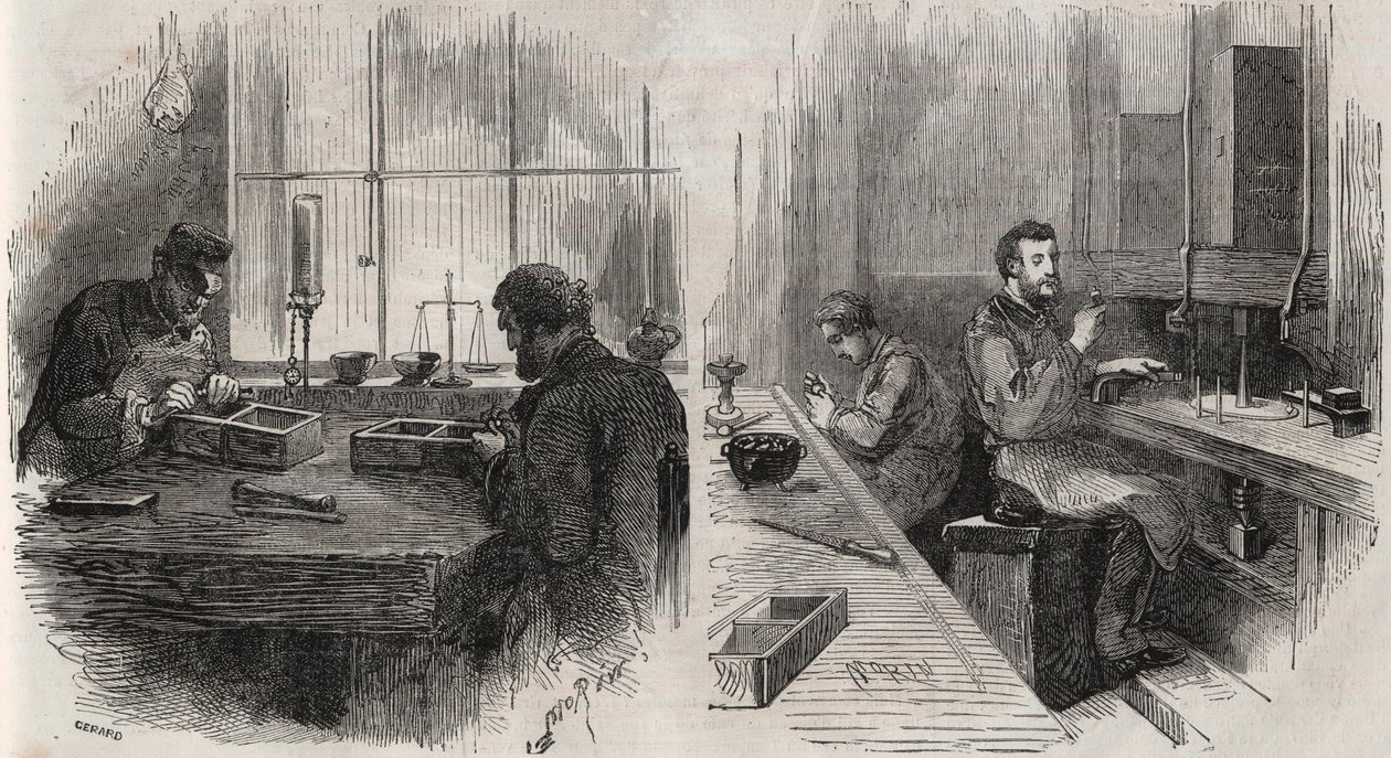 Řezání diamantů v dílně v Nizozemsku: štípačky a leštičky - Gravírování v “” Le Monde Illustré”” od Unknown artist
