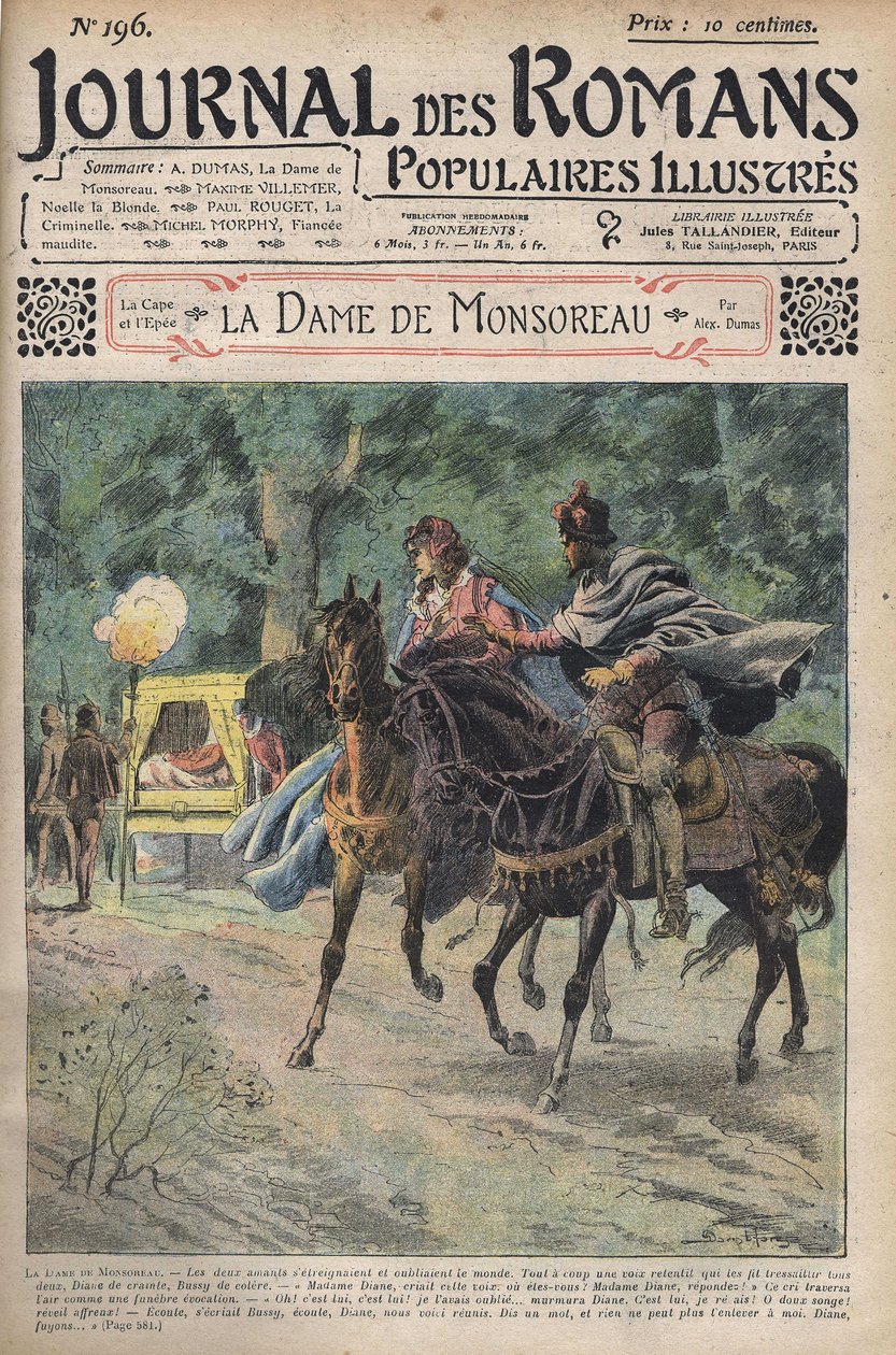 Diane zavolal její manžel při jízdě na koni se svým milencem Bussym. Ilustrace románu „" La Dame de Monsoreau" od Alexandra Dumase. V "" Journal of Illustrated Popular Novels "". od Unknown artist