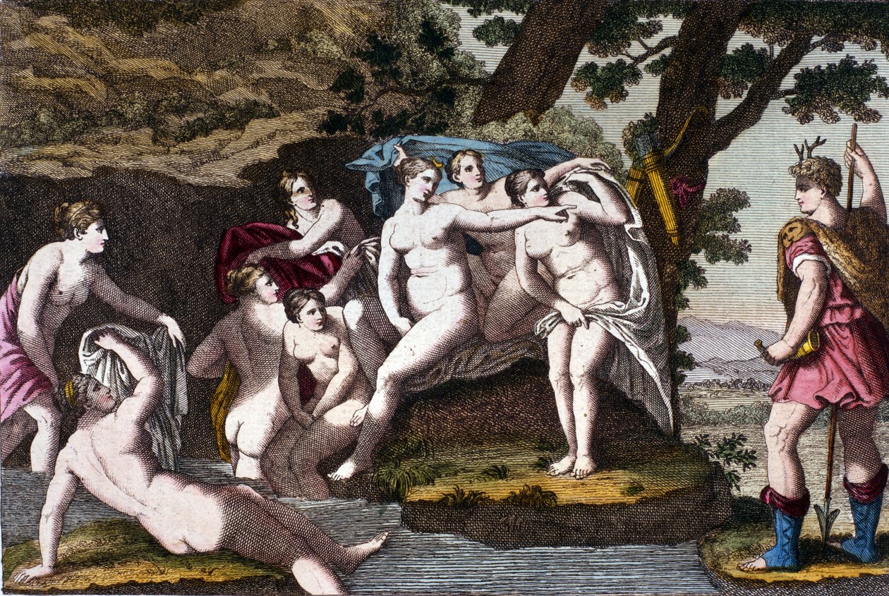 Diane přistižená ve vaně lovcem Acteonem. Rytina z „“ Dizionario mitologico“““ 19. století od Unknown artist