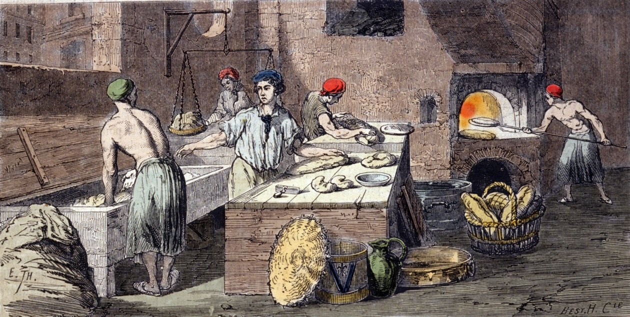 Různé činnosti pekařů: hladení chlebového těsta, příprava bochníků, pečení. Rytina 19. století od Unknown artist