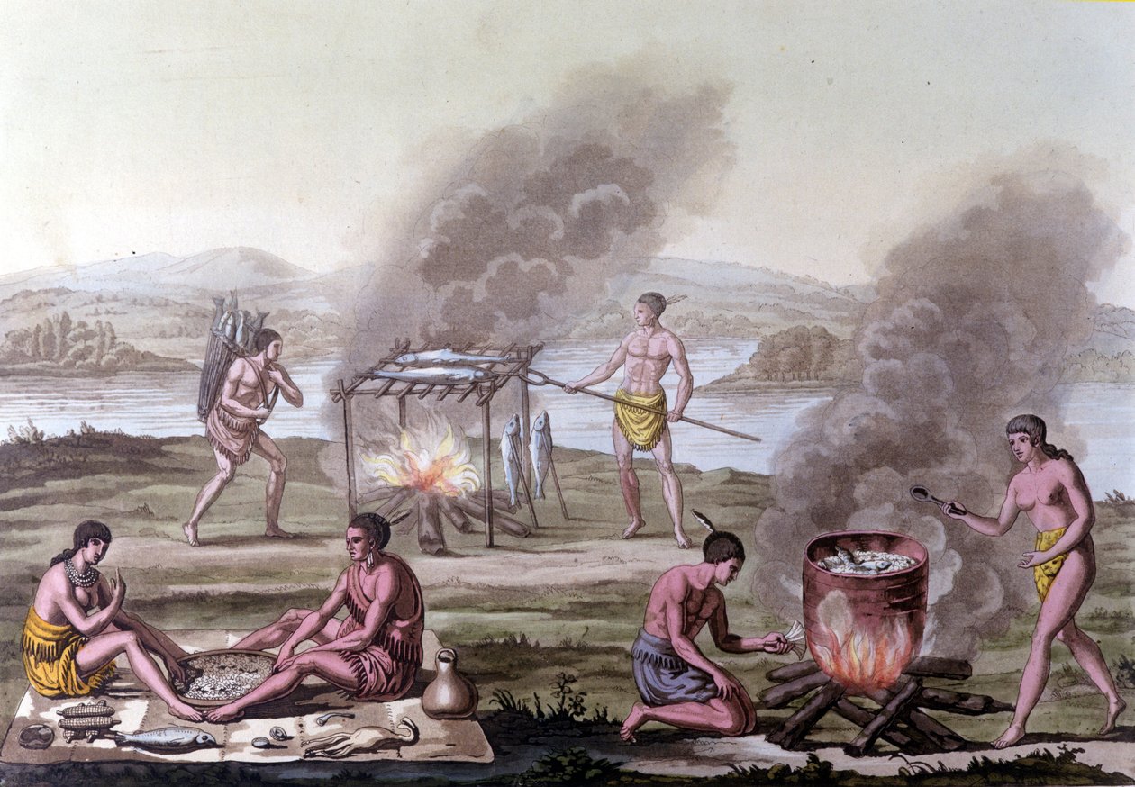 Jídelní a kuchařská scéna mezi indiány z Floridy. rytina ze 17. století. od Unknown artist