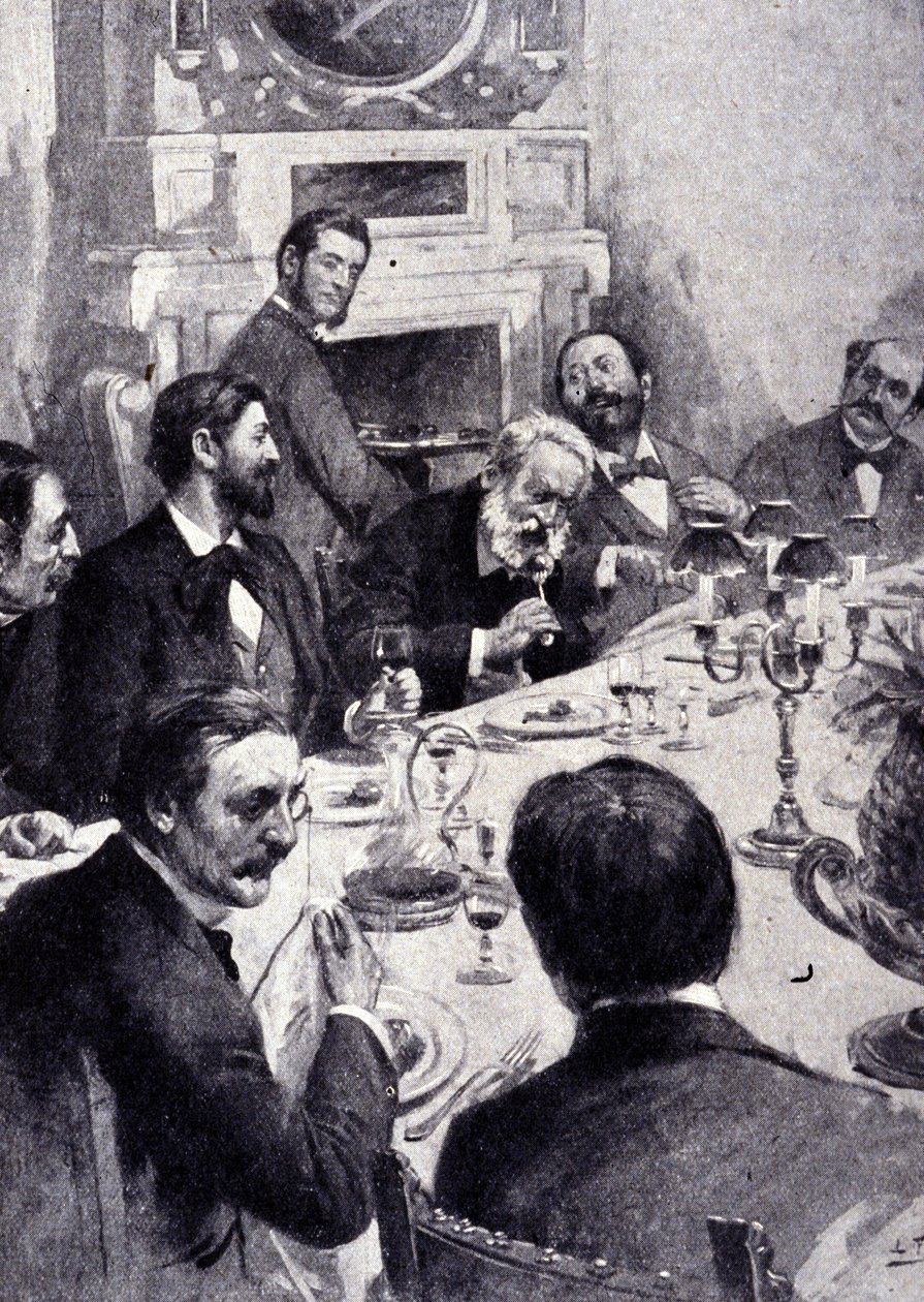 Večeře u stolu Victora Huga s Jean Mounet Sully (Mounet-Sully) (1841 - 1916), francouzský herec. Rytina 19. století. od Unknown artist