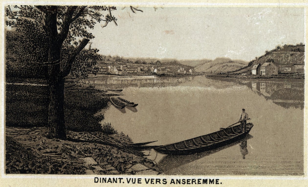 Večeře, výhled na Anseremme a řeku Lesse, Valonský region Belgie. Chromolitografie konce 19. století. od Unknown artist