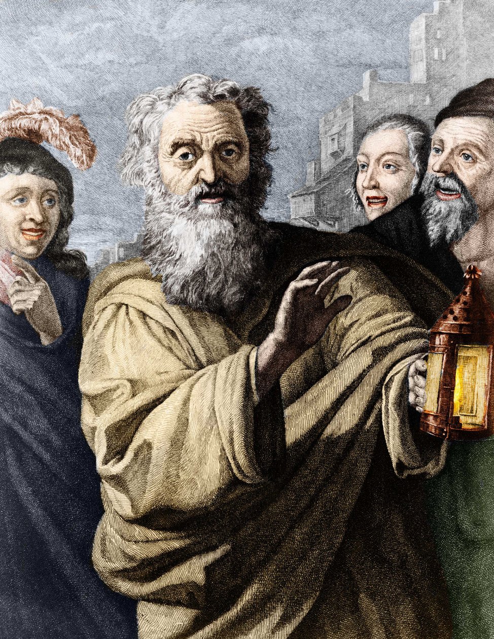 Diogenes (cynický filozof) a jeho lucerna, se kterou hledal čestného muže. 19. století rytina. od Unknown artist