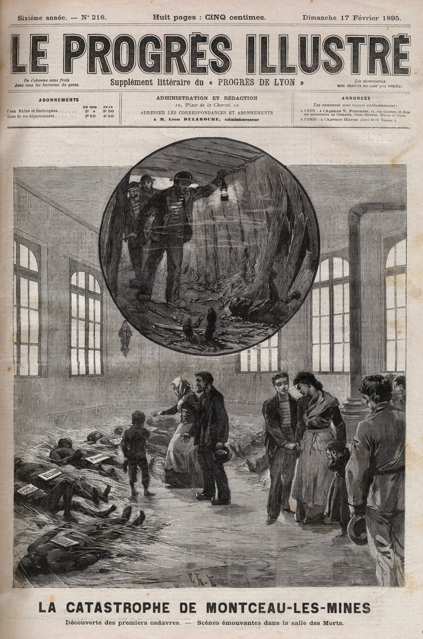 Katastrofa studny Sainte Eugenie nebo katastrofa Montceau les Mines (Montceau-les-Mines) v Burgundsku v roce 1895 - rytina v „Le Progres illustrious““ z roku 1895 od Unknown artist