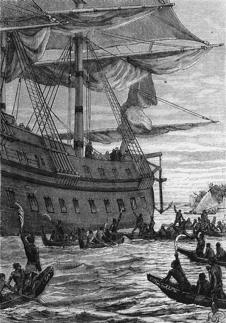 Objev Indie: plavba Wallis v Pacifiku; Domorodí lidé, kteří se setkají s Colony – v „“ Les Voyageurs du 18eme et 19eme ecle“, od Julese Verna, ed. Hetzel et Cie, Paříž. od Unknown artist