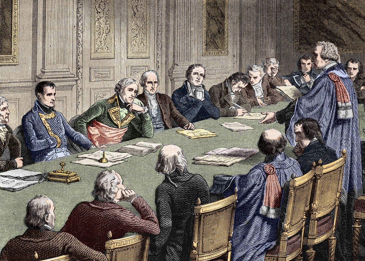 Projednávání občanského zákoníku na Státní radě (1800-1804), za předsednictví prvního konzula, Napoleona Bonaparta, po jeho levici Jean Jacques Regis de Cambaceres. Rytina 19. století. od Unknown artist