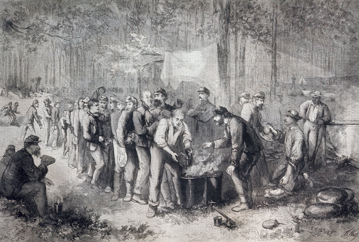 Distribuce dávek severoamerické vojenské jednotce, Spojené státy americké, americká občanská válka, rytina od Unknown artist