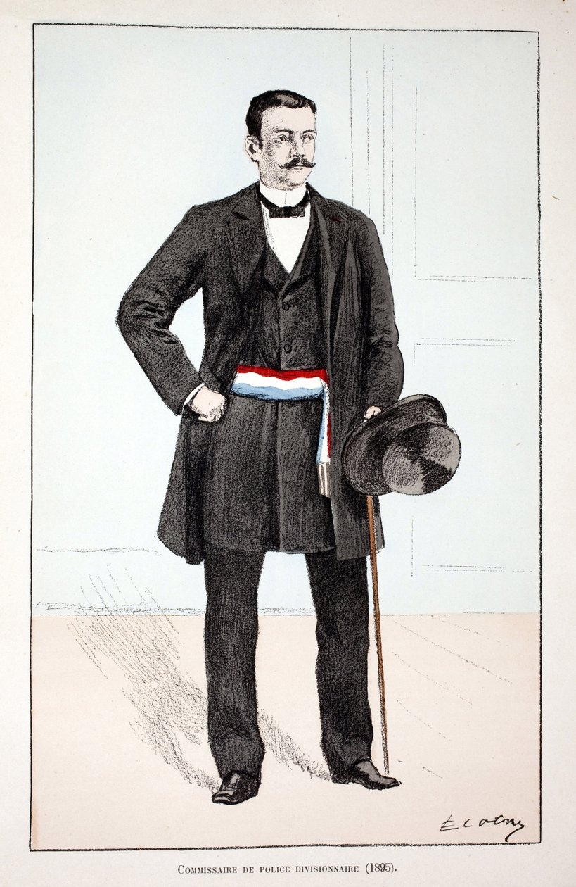 Divizní policejní komisař (1896). Barevný lept, pro ilustraci Kniha „Historie sboru mírových jednotek“““ vydaná pod záštitou Louise Lepinea (1846-1933), prefekta policie na Seině, od Alfreda Reye (1864-?) a Louise Irona od Unknown artist