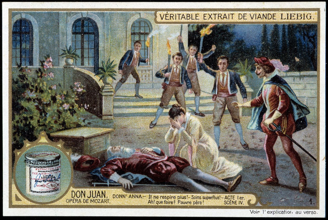 Donna Anna objeví svého mrtvého otce – „“ Už nedýchá! Zbytečná péče! Co dělat? Chudák otec! - I. dějství, scéna 4 od Dona Juana (Don Giovanni), opera od Mozarta (1756-1791) - Liebigova chromolitografie od Unknown artist