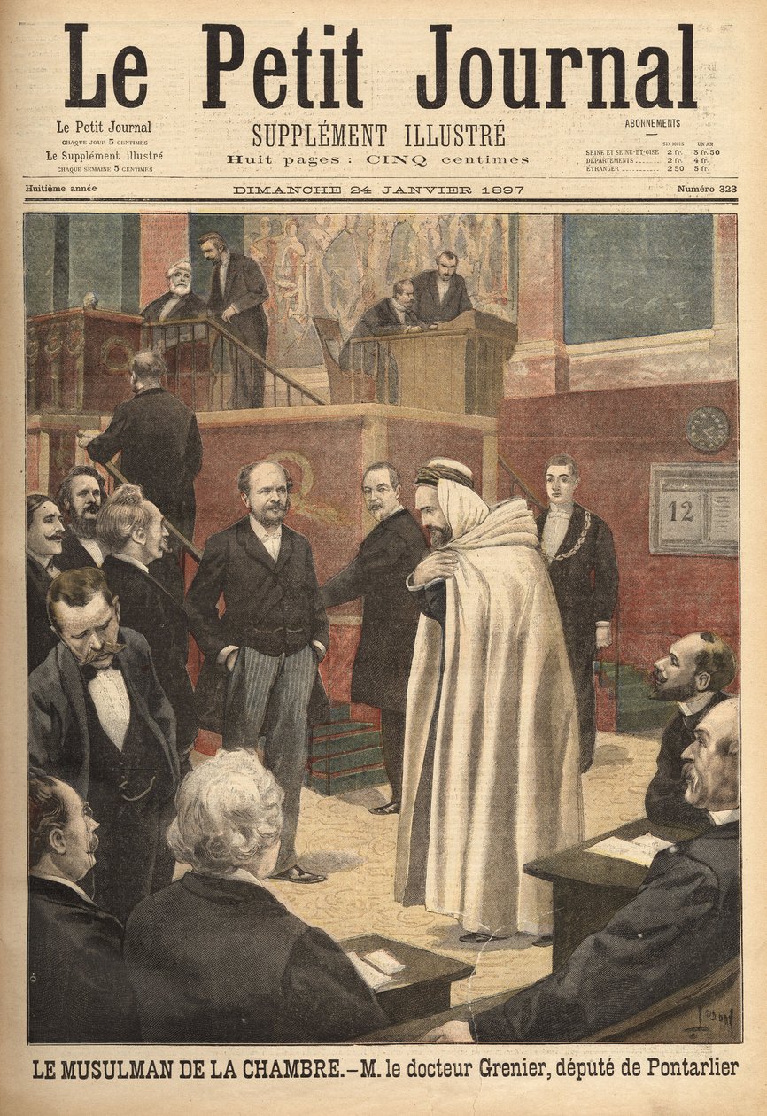 Dr. Grenier, zástupce Pontarlier, nedávno konvertoval k islámu, vyvolává skandál tím, že jde do zastoupení v arabském kostýmu. Rytina v „“ Le petit journal““ 24.1.1897. Kolekce Selva. od Unknown artist