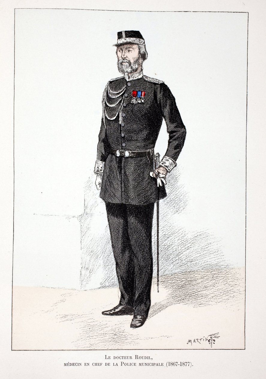 Dr. Roudil, vrchní lékař městské policie (1867-1877). Lept v barvách, pro ilustraci Kniha „Historie sboru mírotvorců“““ vydaná pod záštitou Louise Lepinea (1846-1933), prefekta policie na Seině, od A. od Unknown artist