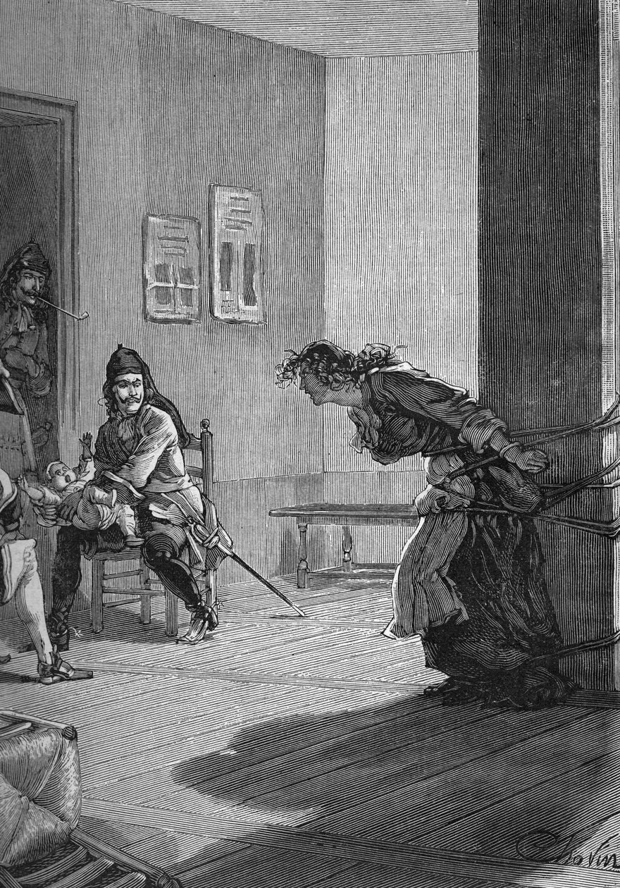 Dragonnades (1685-1686) - mučení protestantské rodiny: královští vojáci, draci, držící dítě, zatímco její matka je připevněna k tyči. Rytina 19. století. V „Histoire de France“ od Julese Micheleta od Unknown artist
