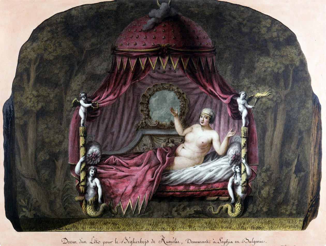 Kresba postele pro bey di Roumelie, žijící v Sophii, Bulharsko. Nahá žena ji zve, aby se k ní připojila. J. J. Lepreu. od Unknown artist