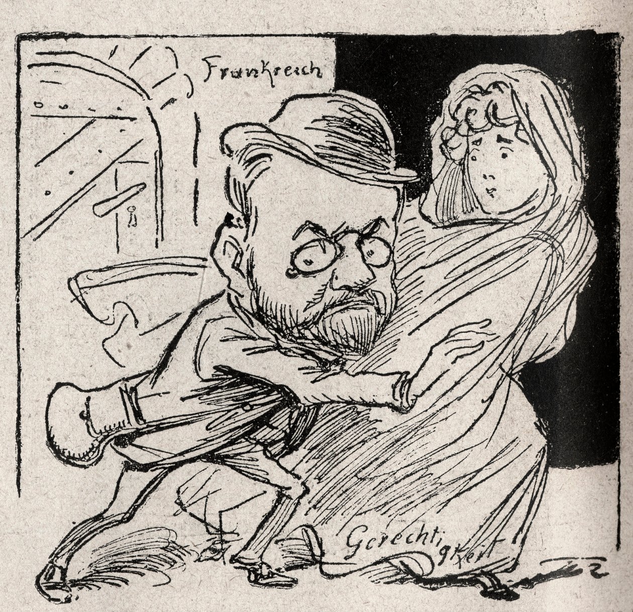 Dreyfusova aféra - Emile Zola má spravedlnost: pojď se mnou, můj pokladníku, tady nás už nechceme slyšet - Kresba publikovaná v rakouských novinách „Der Floh““ v roce 1898 (reprodukce v Le Rire od Unknown artist