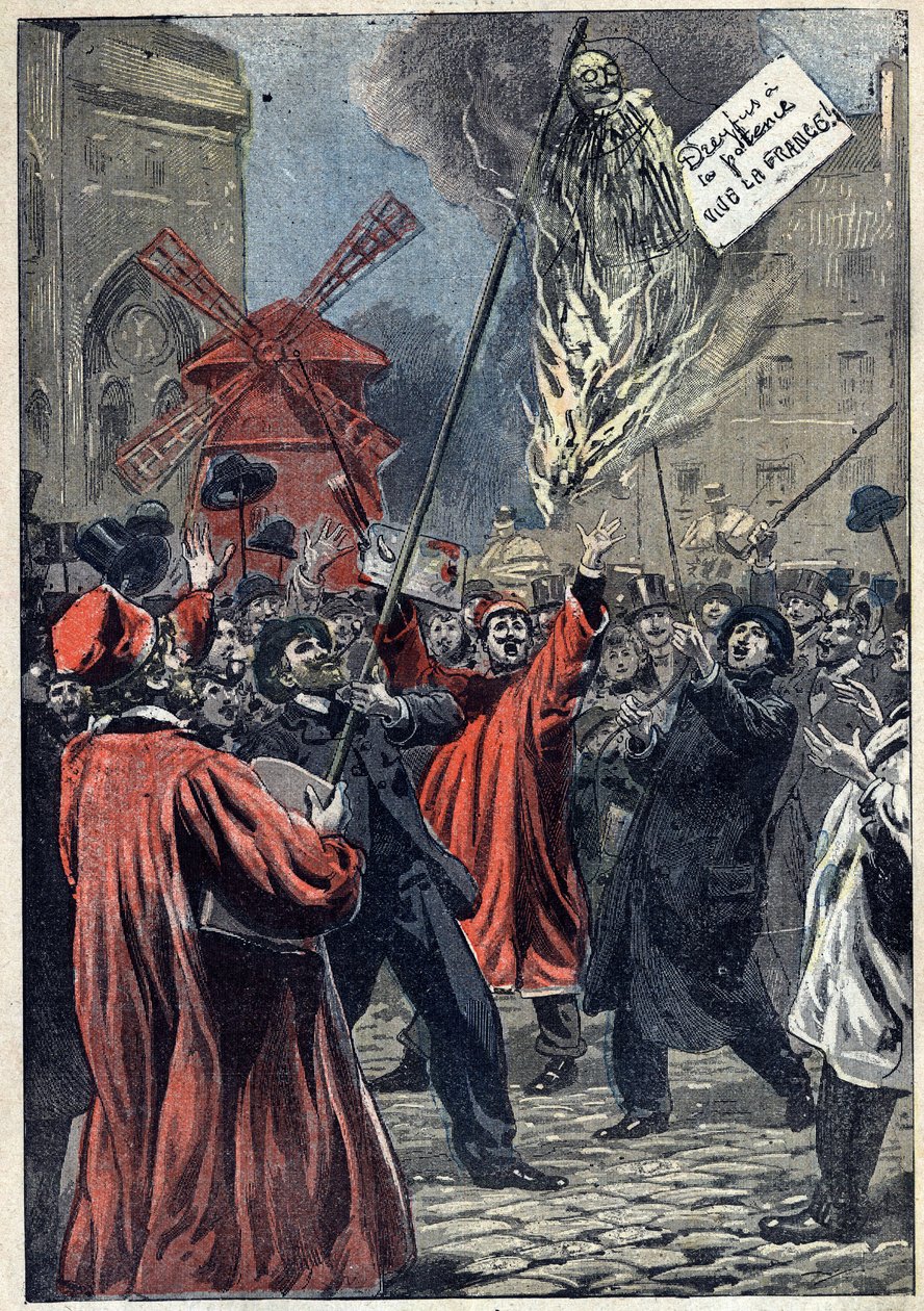 Dreyfusův případ – Paříž – 1898: manifestace antisemitů na Montmartru. Podobizna Martina Dreyfuse, Alfredova bratra, je na náměstí brulée a na krku mu visí nápis: „Dreyfus má šibenici. Ať žije Francie!" Ilustrace v „“Le Pelerin““ od J od Unknown artist