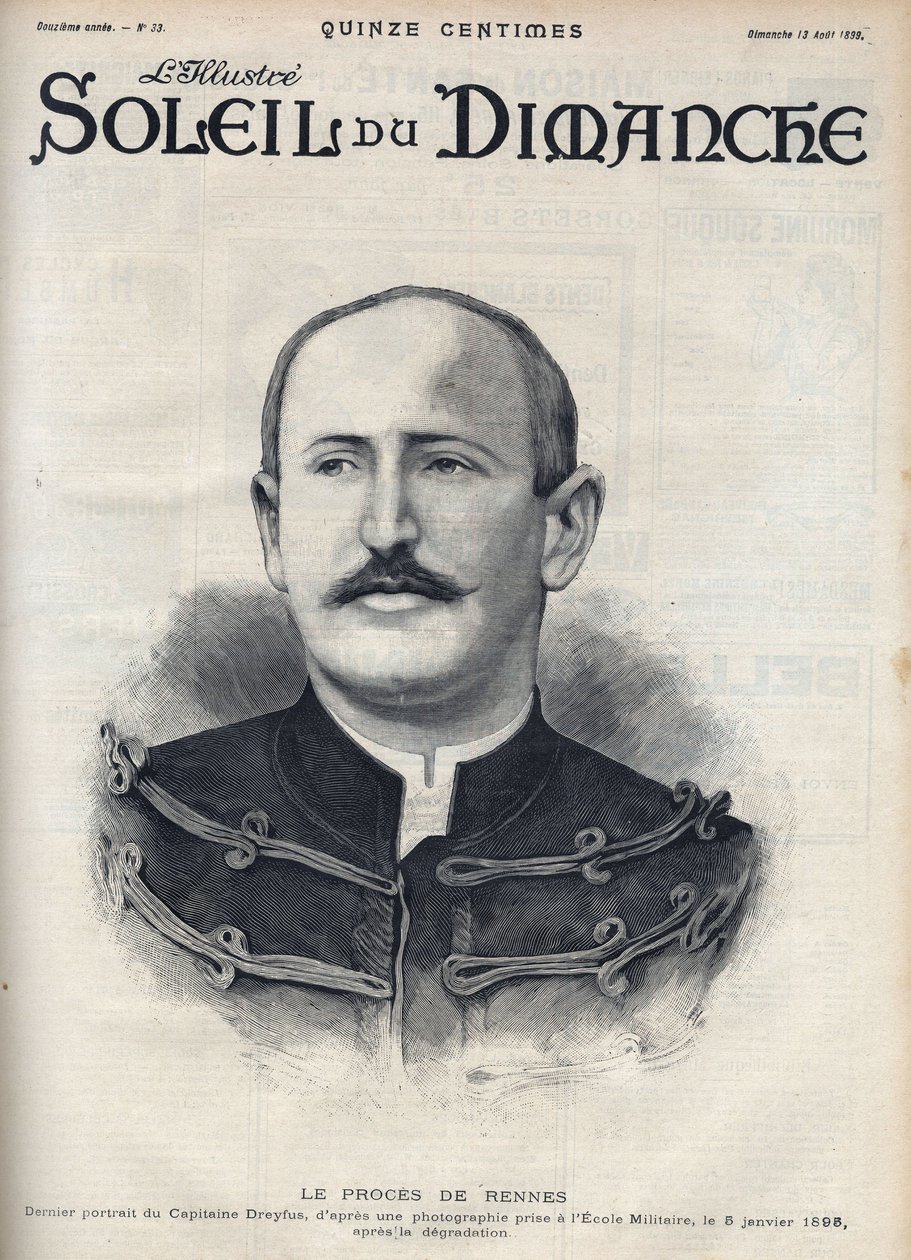 Dreyfusův případ: portrét Alfreda Dreyfuse (1859-1935) po jeho degradaci během procesu v Rennes. Rytina v „“Le sun-du-dimanche“, 13. srpna od Unknown artist