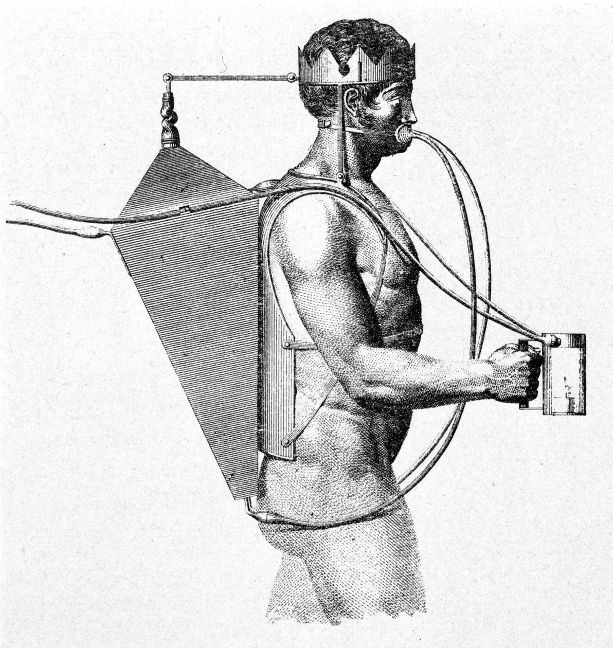 Driebergův projekt scaphandre z roku 1802, známý jako triton. Vzduch přichází muži přímo do úst. od Unknown artist