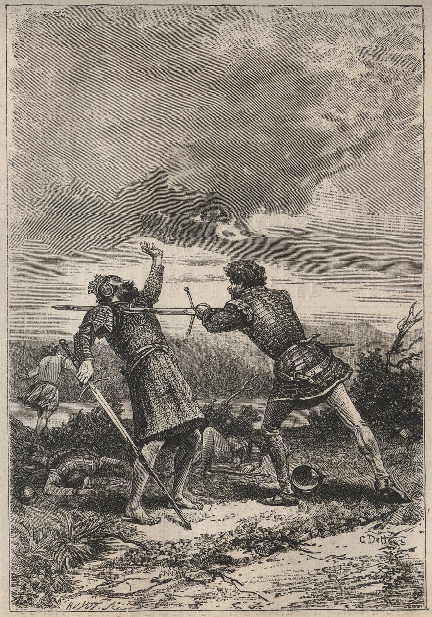 Duel and death of Oak Torquil - ilustrace z 19. století k historickému románu „The Pretty Girl of Perth or Valentine