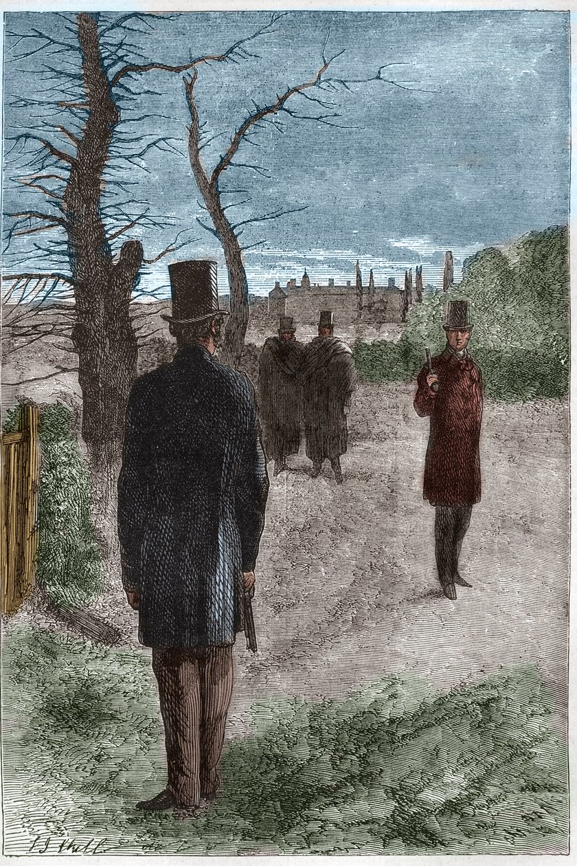 Duel mezi Georgem Williamem Finchem-Hattonem (Finch Hatton), hrabětem z Winchilsea (1791-1858) a Arthurem Wellesleym, vévodou z Wellingtonu (1769-1852) v Battersea Fields, dne 21. března 1829 od Unknown artist