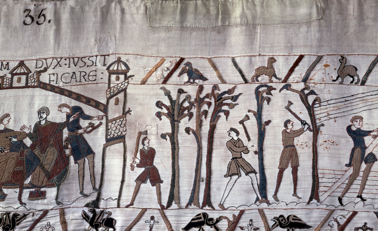 Vévoda Guillaume nařídil stavbu lodí, stromy byly pokáceny - tapisérie z Bayeux, známá jako výšivka královny Mathildy od Unknown artist