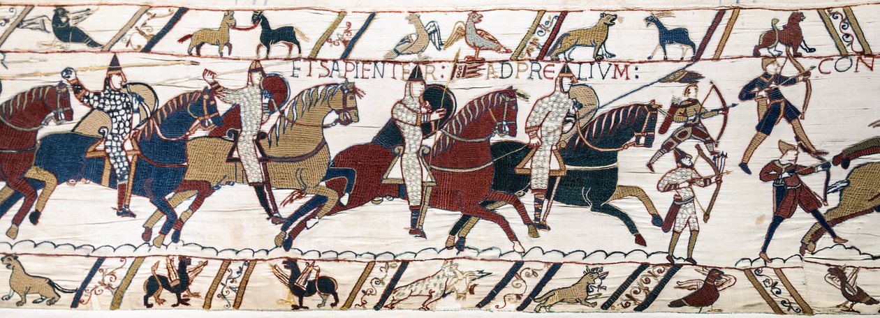 Vévoda William povzbuzuje své jednotky, aby se připravily na bitvu proti anglické armádě, Bayeux Tapestry (vlněná výšivka na plátně) od Unknown artist