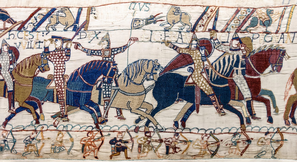 Vévoda William ukazuje tvář své armádě, Bayeux Tapestry (vlněná výšivka na plátně) od Unknown artist