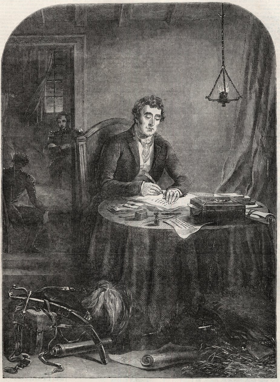 Vévoda z Wellingtonu (Arthur Wellesley (1769-1852) vévoda z Wellingtonu) písemná zásilka po Waterloo, 19. června 1815 - rytina 1852 od Unknown artist