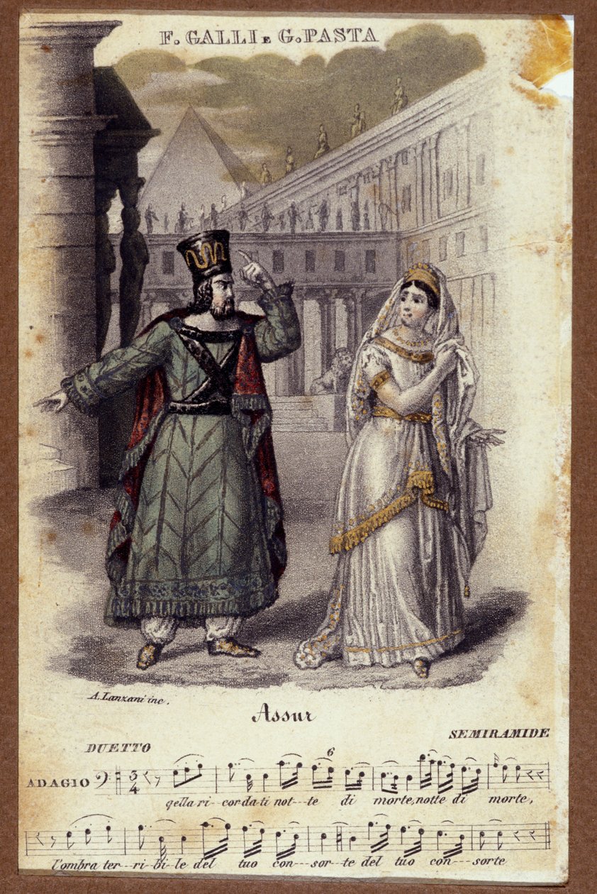 Duo mezi Giuditta Pasta a Filippo Galli v opeře "Semiramide" "(Semiramis) od Gioachina Rossiniho (1792-1868) od Unknown artist
