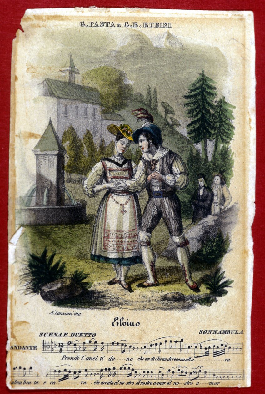 Duo mezi Giudittou Pastou a Gianem Battistou Rubinim v opeře „La somnambule“ (“La Sonnambula”) od Vincenza Belliniho. Milánské divadlo Carcano. 1831. od Unknown artist