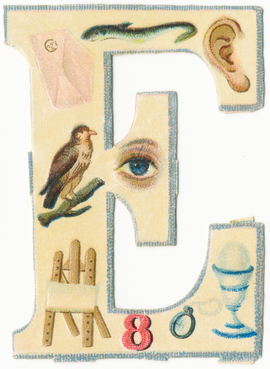 E: obálka, úhoř, ucho, orel, oko, stojan, osmička, brýle, vejce (barevné lito) od Unknown artist