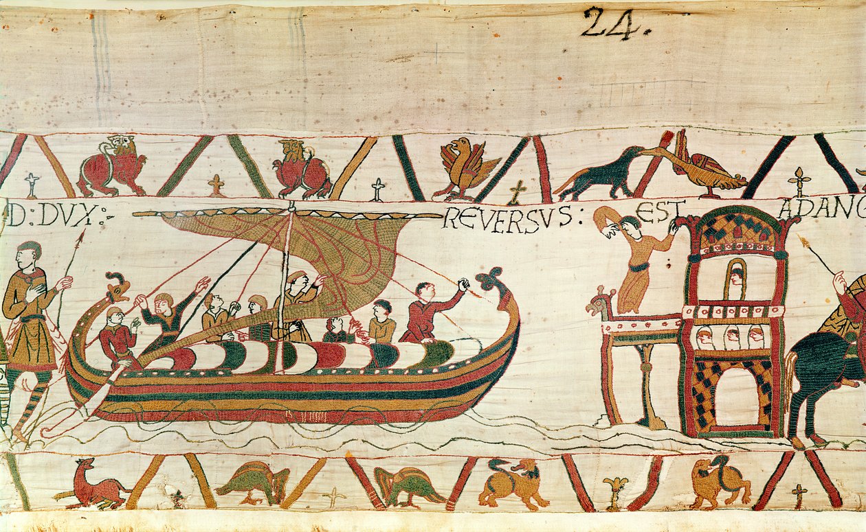 Earl Harold se vrací do Anglie, Bayeux Tapestry (vlněná výšivka na plátně) od Unknown artist
