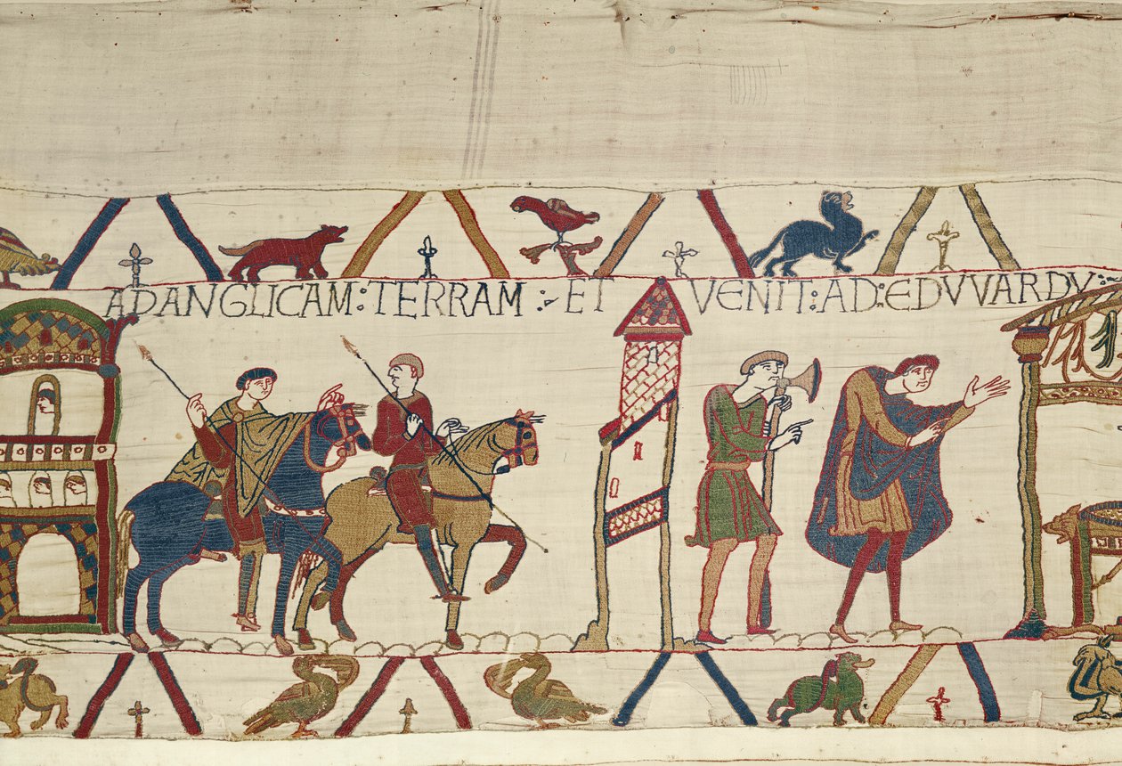 Earl Harold jede z Boshamu do Londýna, Bayeux Tapestry (vlněná výšivka na plátně) od Unknown artist