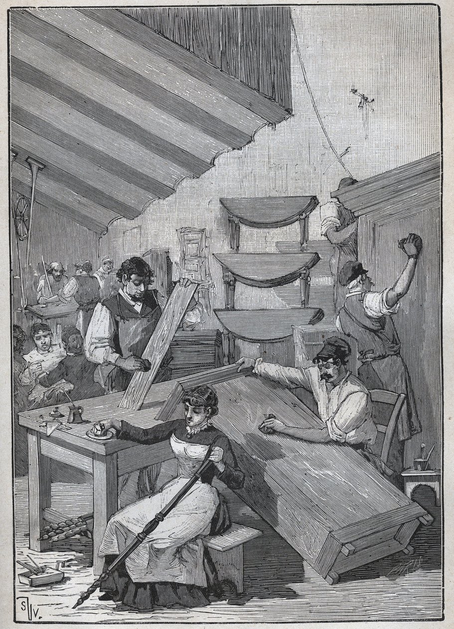 Ebenisterie: dílna razítkového lakování. Rytina z roku 1885 v „“Les arts et metiers illustres““ od Adolphe BITARDA. od Unknown artist