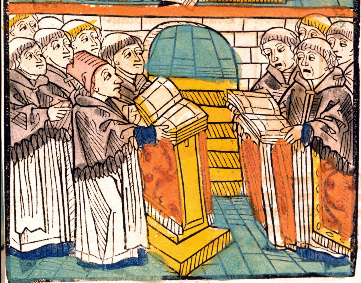 Církevní zpěv (zpívající mniši) - v rukopise Kostnického koncilu z roku 1497. od Unknown artist