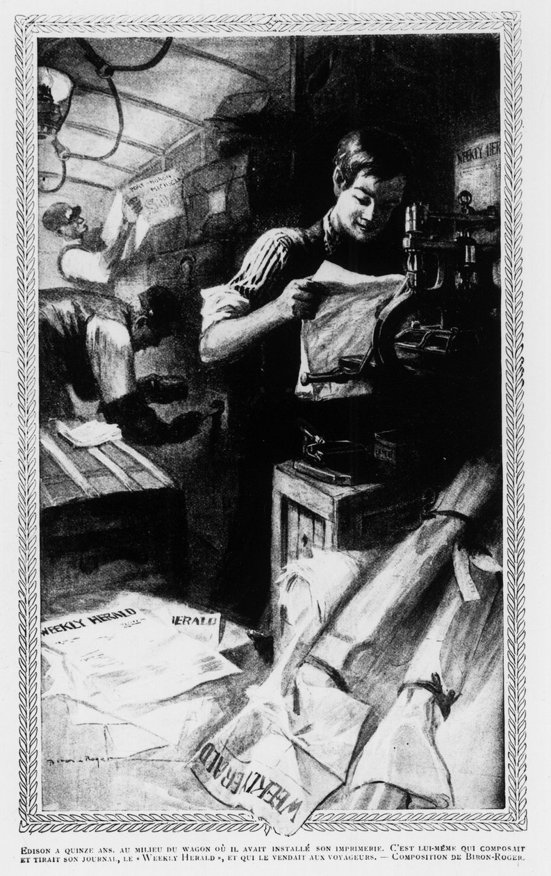 Edison, v 15 letech, uprostřed auta, kde instaloval svou tiskárnu. Napsal a vytiskl své noviny Weekly Herald a prodával je cestovatelům. od Unknown artist