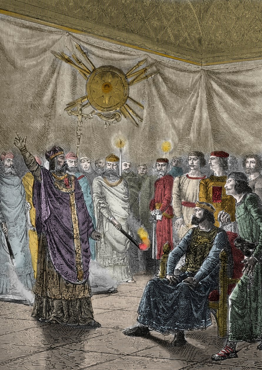 Edmund Rich, arcibiskup z Canterbury, hrozí exkomunikací Jindřicha III. - Saint Edmond z Cantorbery (1170-1242), dit Saint Edme (Edmund Rich) hrozba excommunier Henry III Plantagenet (1207-1272) - Rytina v „The Histoire d