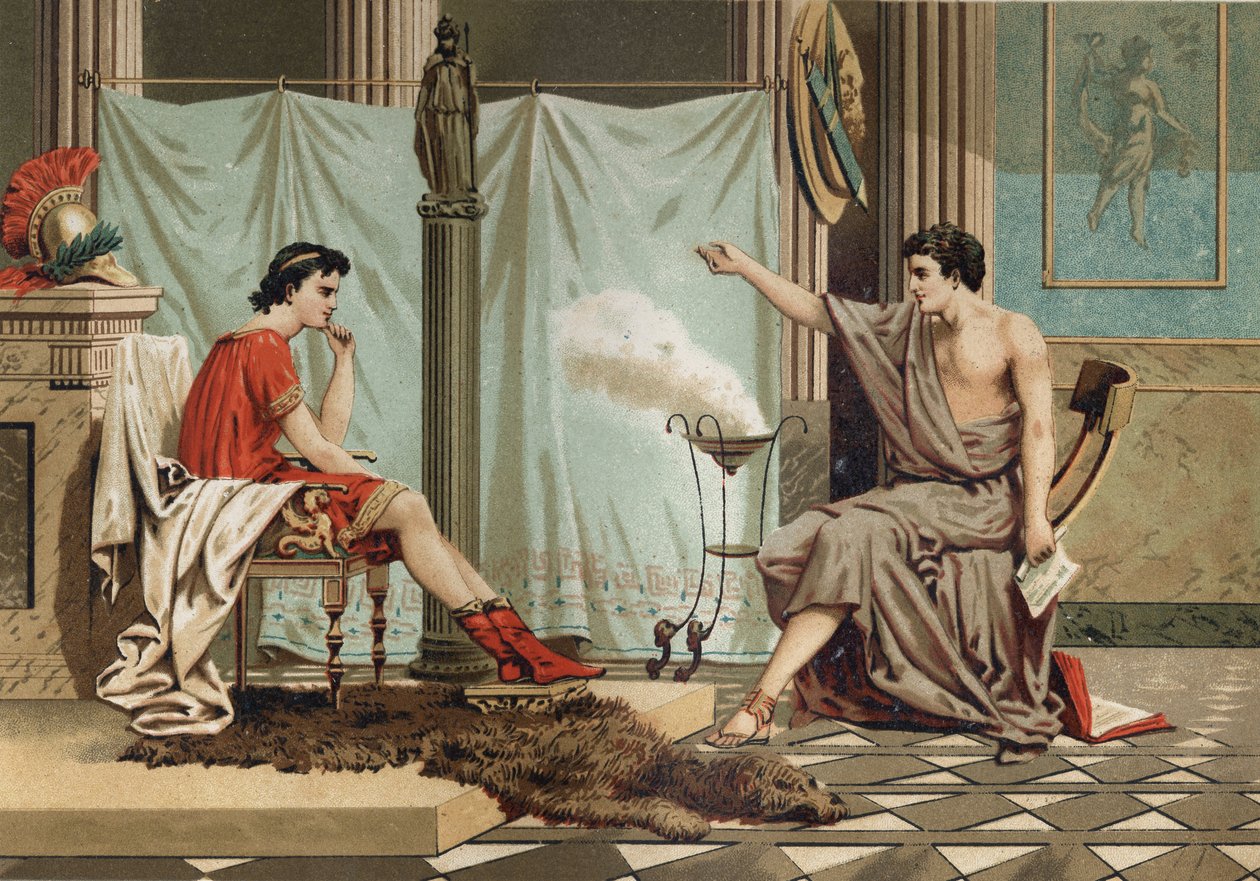 Vzdělání Alexandra Velikého (356–323 př. n. l.) od filozofa Aristotela (384 př. n. l. až 322 př. n. l. po „La Ciencia y sus Hombres““ od Louise Figuiera. Barcelona 1881. od Unknown artist