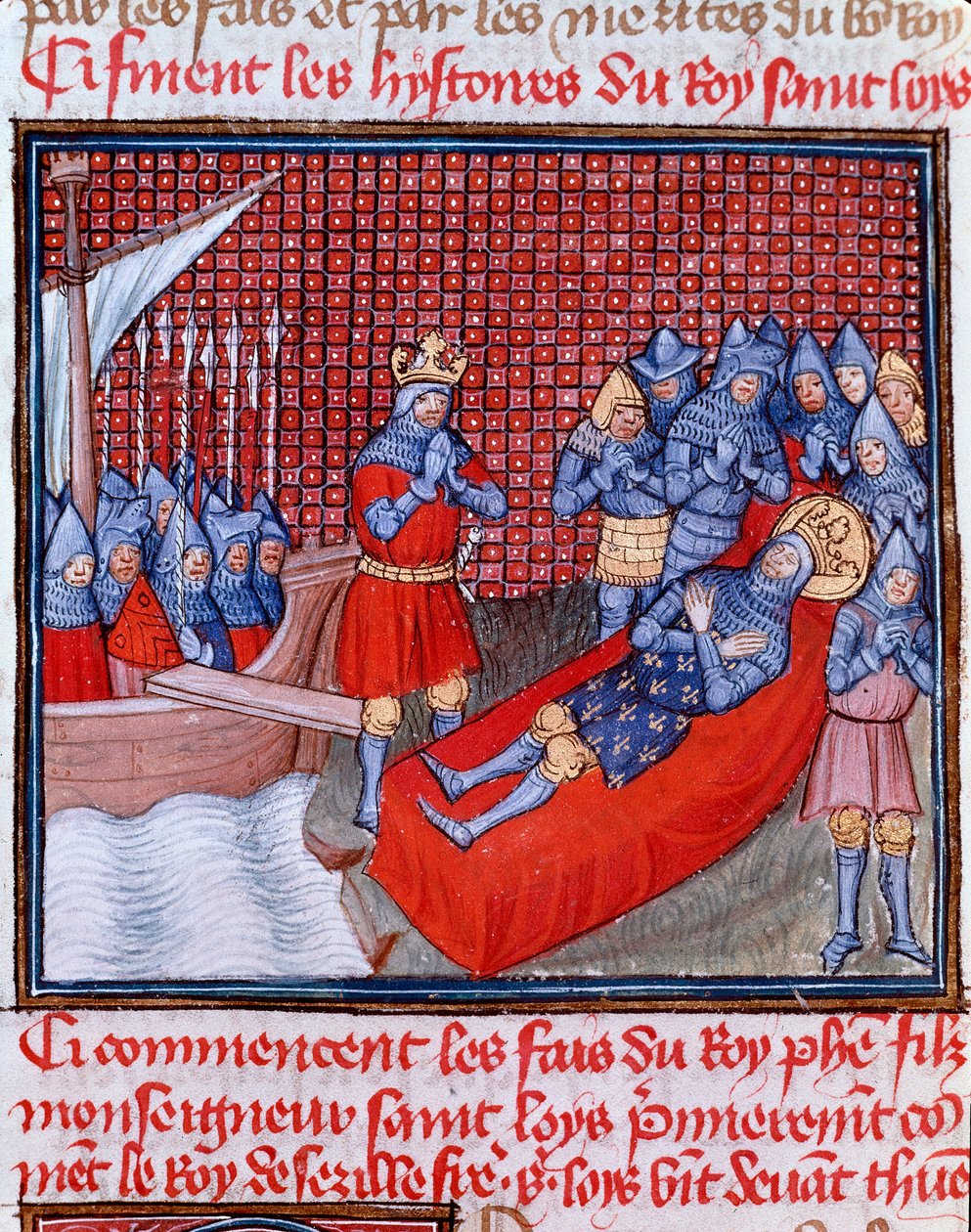 Osmá křížová výprava: “” La mort de Saint Louis au Tunis dne 25. srpna 1270”” Miniatura převzatá z “” Les grandes Chronicles de France”” od Jeana Froissarta (1337-1400) Chantilly z 15. století, Musee Conde od Unknown artist