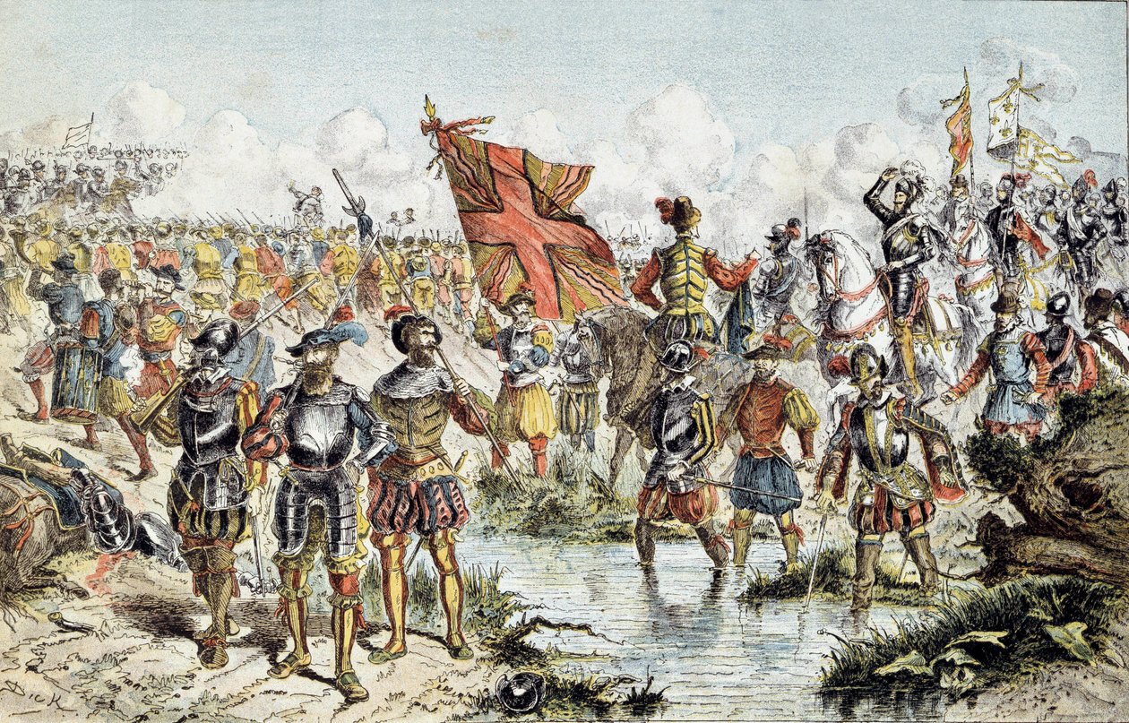 Osmá válka náboženství (1585-1598): bitva u Ivry dne 14.3.1590 mezi královskou armádou Jindřicha IV. (která zvítězí) a katolickou ligou. Ilustrace 19. století. Paříž, Musee de l