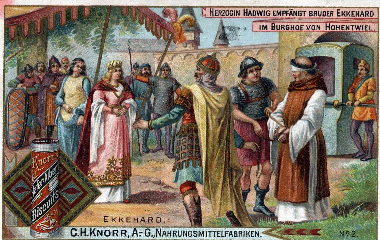 Ekkehard IV ze St. Gallen (St. Gallen) nebo Eckhard, Eckhart (980 -1057) erudovaný a latinský básník. Vévodkyně Hadwig přijímá bratra Ekkeharda na nádvoří hradu Hohentwiel. Verso: „“ Bratr Ekkehard, kterého vévodkyně pověřila do svého hradu jako od Unknown artist