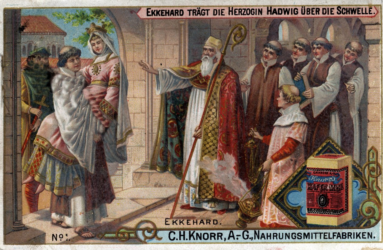 Ekkehard IV ze St. Gallen (St. Gallen) nebo Eckhard, Eckhart (980 -1057) erudovaný a latinský básník. Ekkehard přiměje vévodkyni Hadwig překročit práh. od Unknown artist