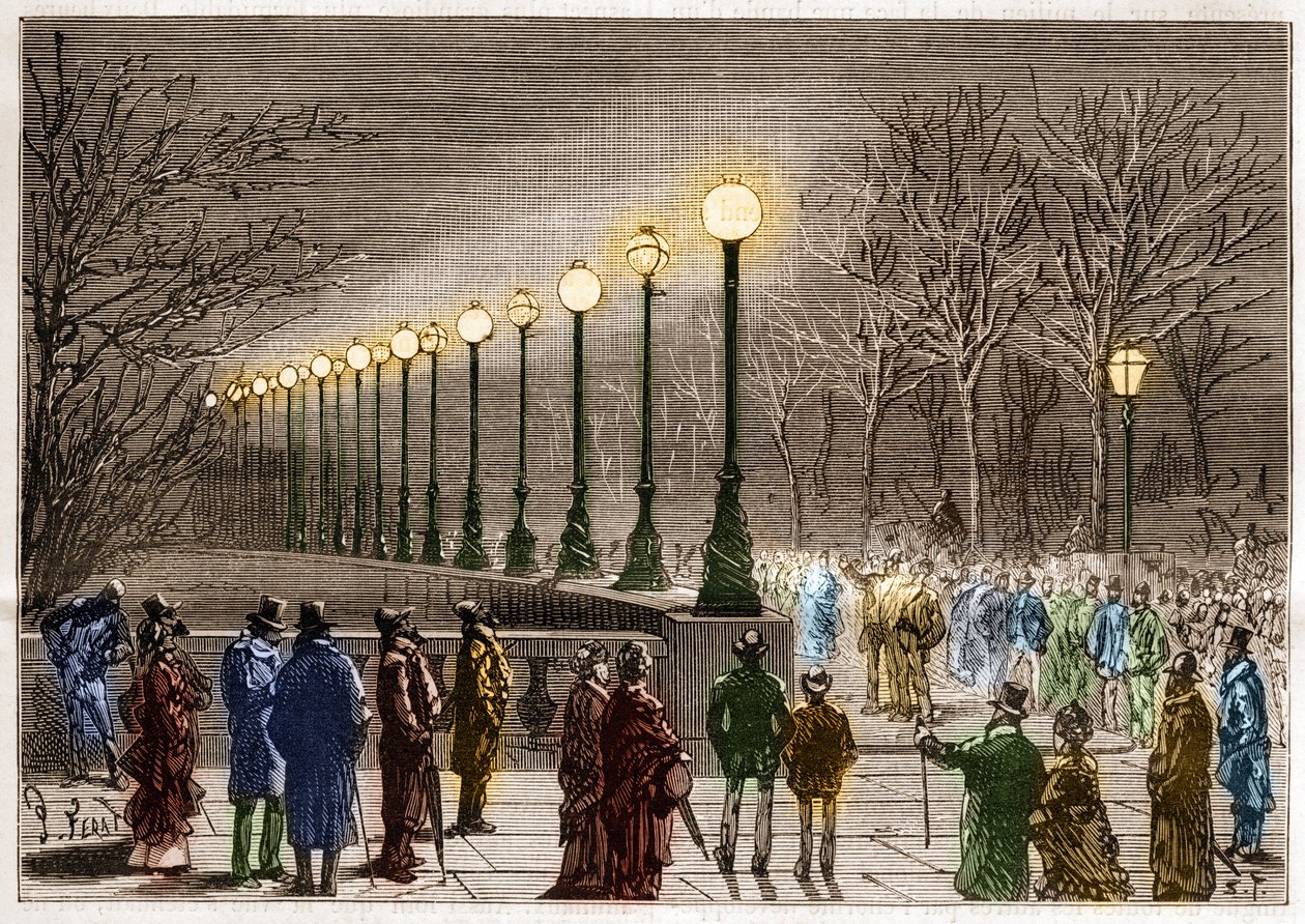 Elektrické osvětlení: stojací lampy z Victoria quay v Londýně, Velká Británie. Gravírování do ""La Nature"" od Unknown artist