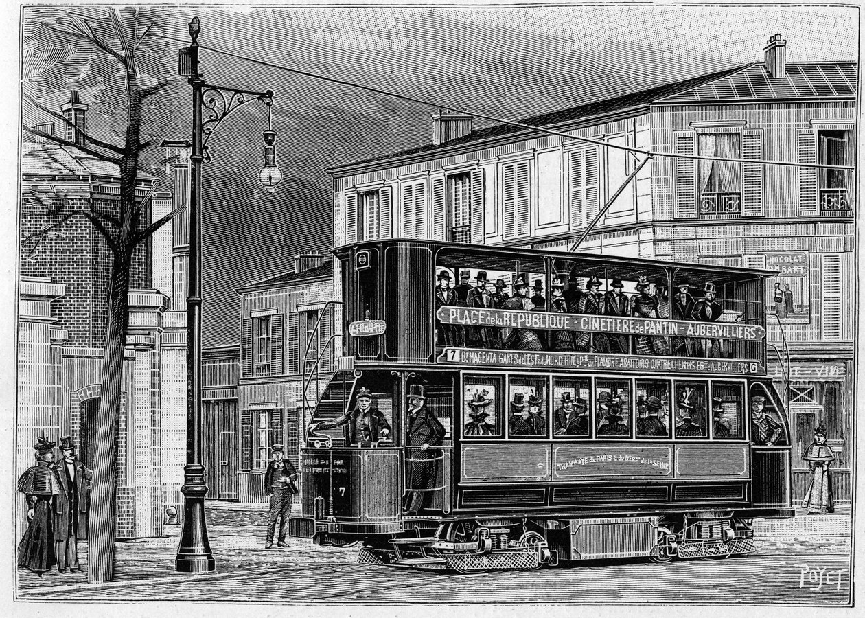 Elektrické tramvaje z Paříže do Aubervilliers: pohled na vzduchový trolejbus mimo Paříž. Gravírování v "" Přírodě: přehled věd a jejich aplikací v umění a průmyslu "" z 25. června 1898. od Unknown artist