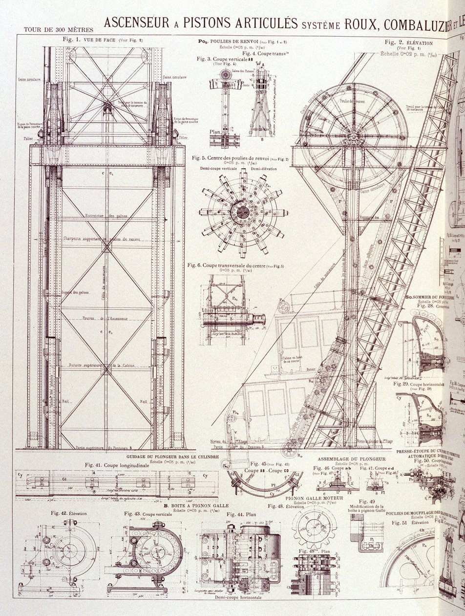 Výtah a kloubové písty Eiffelovy věže (systém Roux-Combaluzier) - průmyslový design od Unknown artist