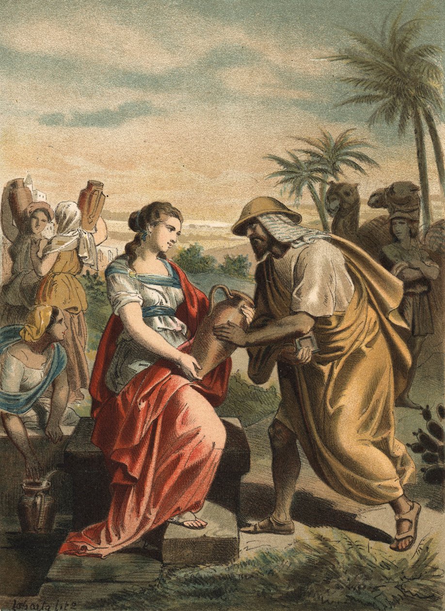 Eliezer, Abrahamův služebník, právě našel Rebečinu budoucí manželku Izáka. Rytina 1881.v „“The Cult of Beauty““ od Juana Justa Hugueta, editor Molinas Hermanos od Unknown artist