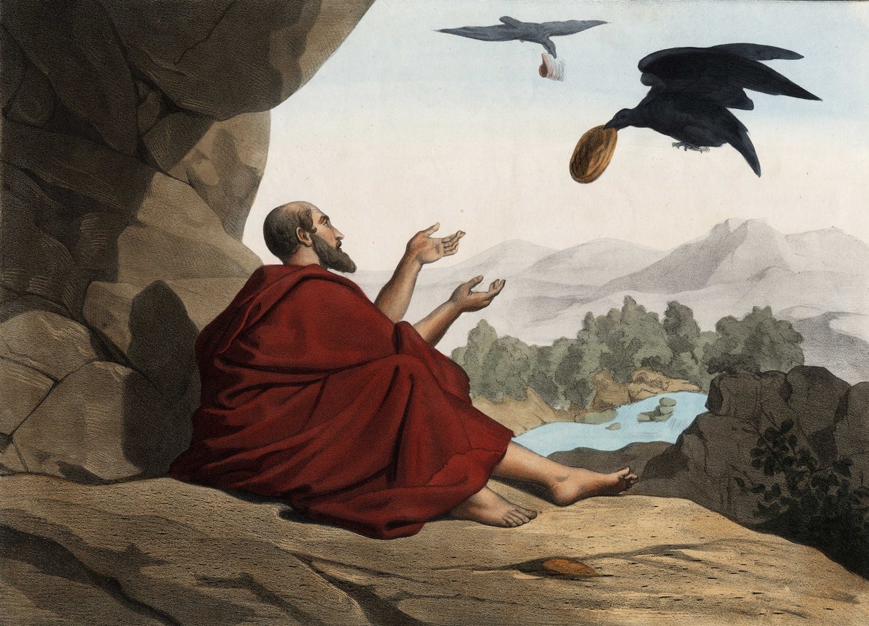 Eliáš, skrytý u potoka Kerith, je krmen vránami. Anonymní rytina z poloviny 19. století. od Unknown artist