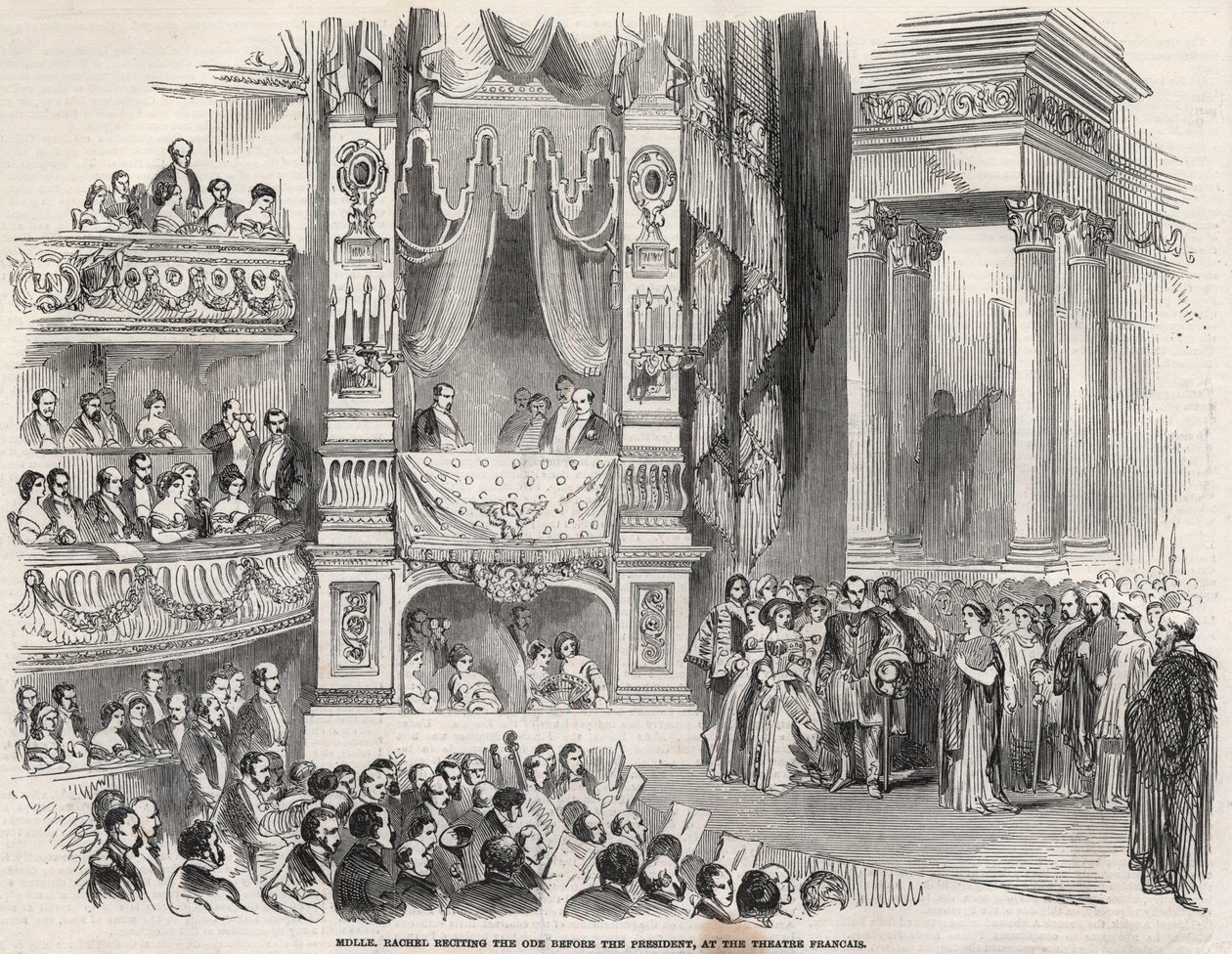 Elisabeth Rachel Felix, známá jako Mademoiselle Rachel (1821-1858), francouzská Tragedienne, před Napoleonem III. v Theater Francais v roce 1852 - V předvečer vyhlášení Druhého císařství prohlásila Rachel v Theater Francais dne 22. října 1852 za od Unknown artist