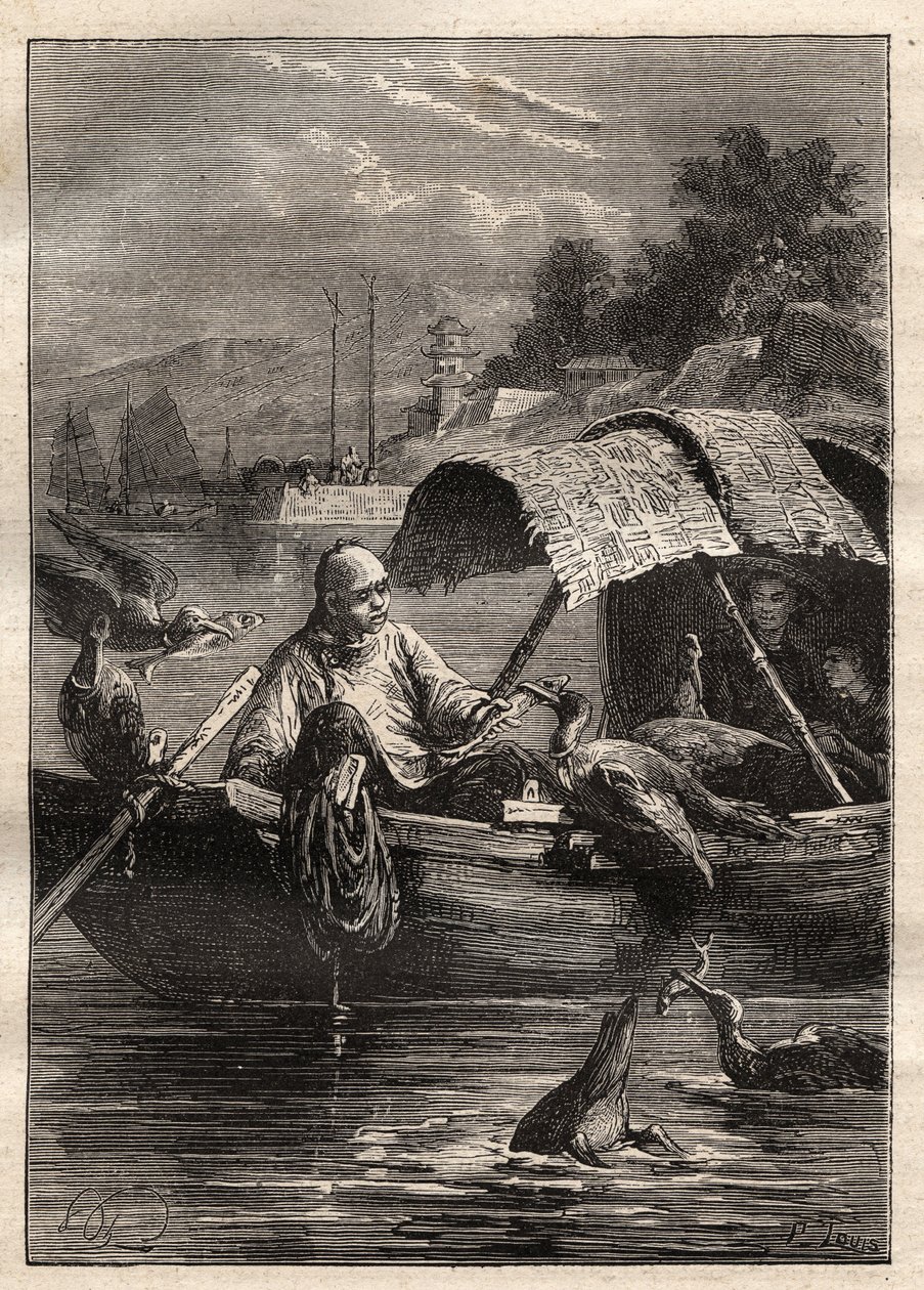 Velvyslanectví Lorda George McCartneyho (1737-1806) v Číně (1792-1793): Pták Leut-ze, znamená rybaření (lov kormoránů) - ilustrace z „The Great Mariners of the 18th century“ od Unknown artist