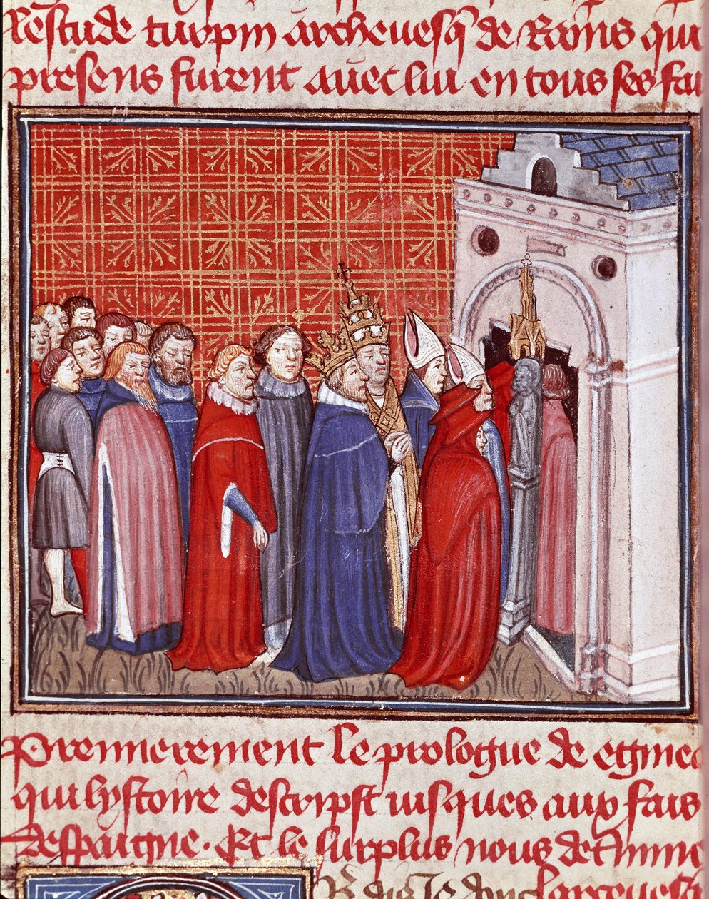 Koruny císaře Karla Velikého (742-814) vstupují do kostela následované miniaturními preláty z „“Les grandes Chronicles de France““ Chantilly z 15. století, Musee Conde od Unknown artist